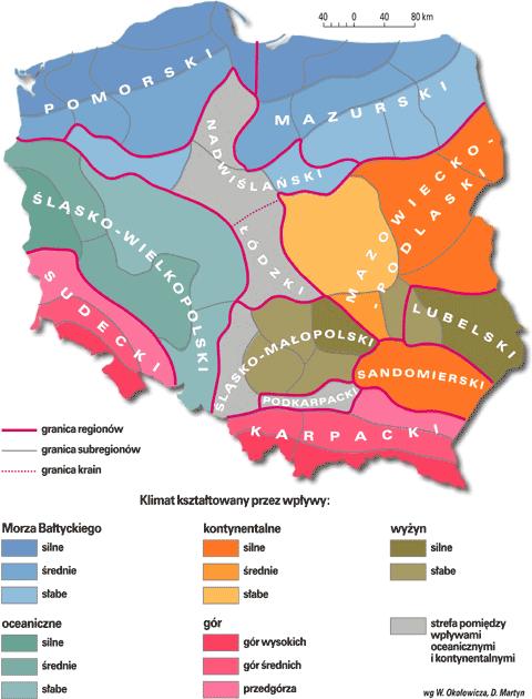 Rysunek 4 Podział na regiony klimatyczne Polski wg W. Okołowicza i D. Martyn. Źródło: www.wiking.edu.