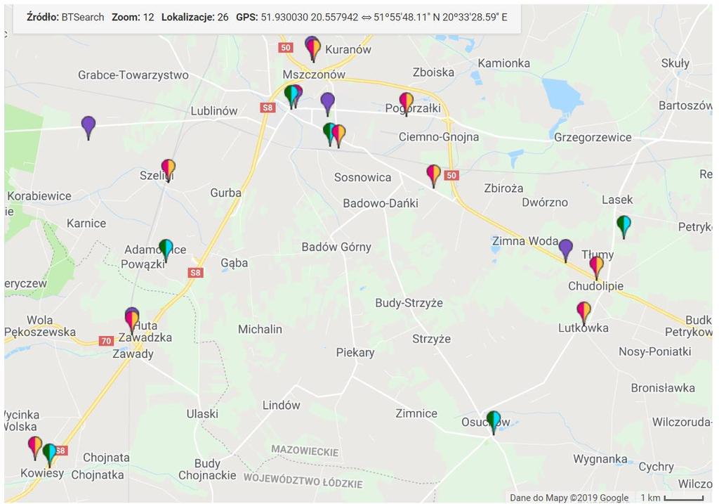 Poniższa mapa ukazuje poglądowe rozmieszczenie stacji bazowych telefonii komórkowej na terenie Rysunek 7 Stacje bazowe telefonii komórkowej w okolicach Mszczonowa. i w okolicach Gminy Mszczonów.