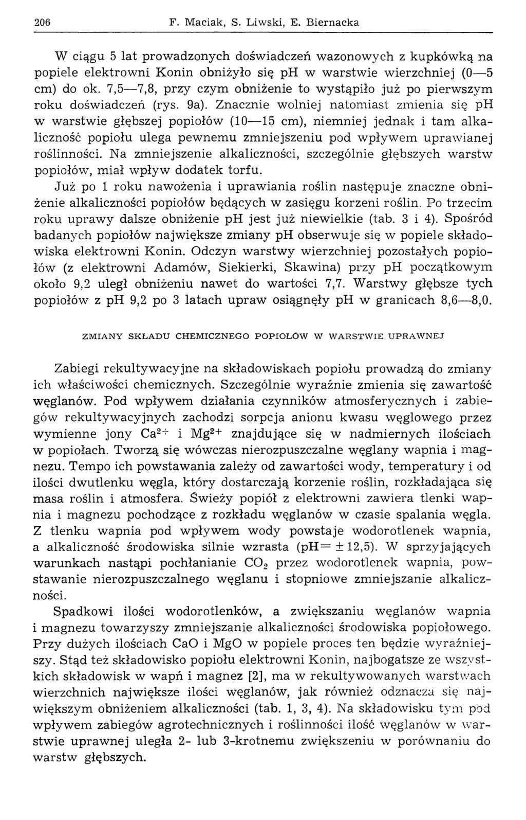 206 F. Maciak, S. Liw ski, E. Biernacka W ciągu 5 lat prowadzonych doświadczeń wazonowych z kupkówką na popiele elektrowni Konin obniżyło się ph w warstwie wierzchniej (0 5 cm) do ok.