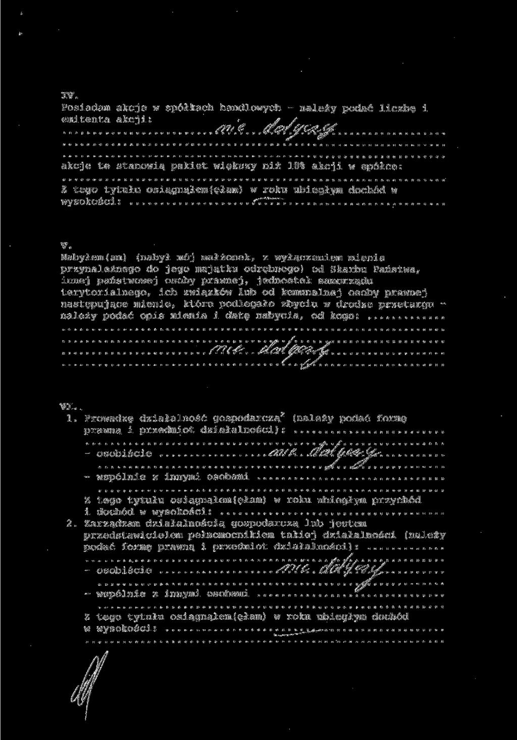 IV. Posiadam akcje w spółkach handlowych - należy podać liczbę i emitenta akcji: * akcje te stanowią pakiet większy niż 10% akcji w spółce: Z tego tytułu osiągnąłem(ęłam) w roku ubiegłym dochód w