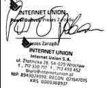 Oświadczenie zarządu spółki INTERNET UNION S.A. w sprawie firmy audytorskiej dokonującej badania sprawozdania finansowego za okres od 01.01.2018 r. do 31.12.2018 r. Zarząd Internet Union S.A. oświadcza, iż firma audytorska dokonująca badania rocznego sprawozdania finansowego Spółki za okres od 01.