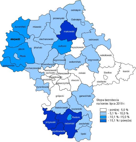 Sytuacja w powiatach Na Mazowszu występuje duże terytorialne zróżnicowanie stopy bezrobocia. W Warszawie występuje najniższy udział osób bezrobotnych (1,4%).