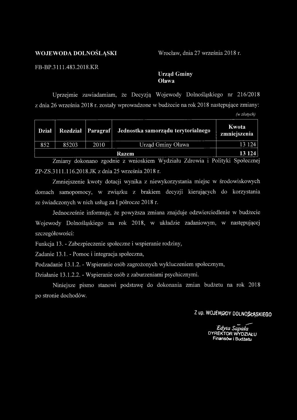 116.2018.JKz dnia25 września2018 r. Z up.