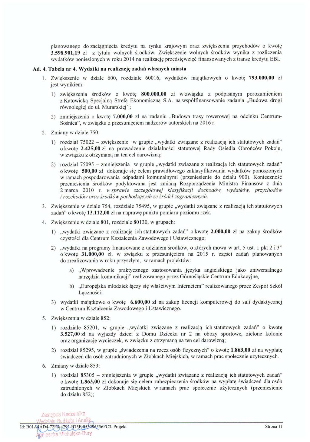 planowanego do zaciągnięcia icredytu na rynku krajowym oraz zwiększenia przychodów o kwotę 3.598.901,19 zł z tytułu woinych środków.