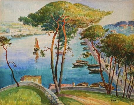 Port w Audierne akwarela, papier naklejony na tekturę, 39,5 x 50 cm, sygn. p.d.: Rubczak / Audierne Malarz i grafik, w latach 1904-11 uczeń krakowskiej ASP w pracowni F.