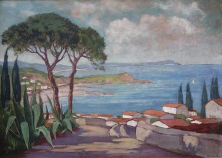 31. Franz von JACKOWSKI (1885-1974) 13 500 zł Pejzaż śródziemnomorski z piniami, 1947 tempera, papier naklejony na tekturę, 83 x 117 cm, sygn. p.d.: F. Jackowski 47.