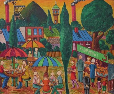 5. Paweł WRÓBEL (1913-1984) 7 000 zł Kolędnicy, 1972 akryl, płótno, 54 x 79,5 cm,