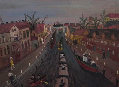 węgiel, karton, 70 x 50,3 cm, sygn. p.d.: T. Sadowski; tytuł l.d.: Cyrk przyjechał *opłata droit de suite 11.
