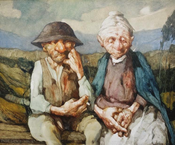 19. Jerzy DUDA-GRACZ (1941-2004) 47 000 zł Staruszkowie na przyzbie, 1987 olej, płyta pilśniowa, 50 x 61 cm, sygn. l.d.: Duda Gracz 1126/87.