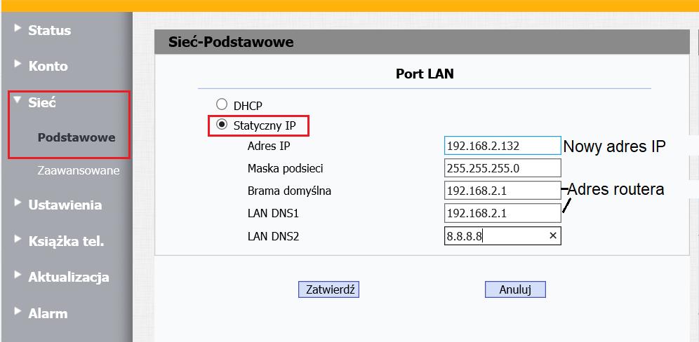 4 S t r o n a Np.: pula dresów DHCP w naszej sieci jest 192.168.2.200 do 192.168.2.254. Statyczny adres IP dla naszych urządzeń należy ustawić poniżej tej puli np.