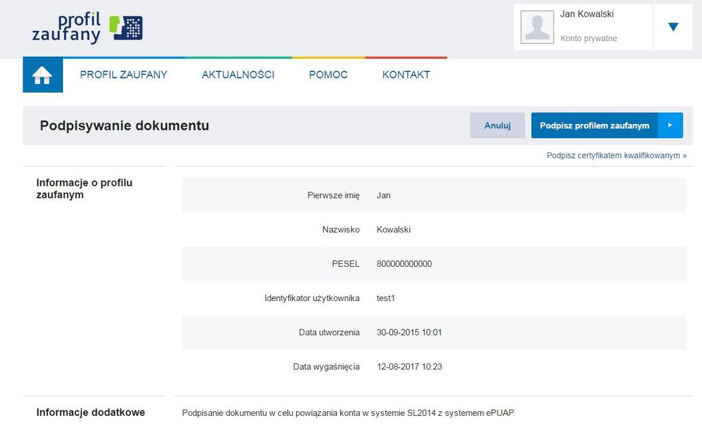 Po wprowadzeniu Loginu i Hasła system prosi o podpisanie dokumentu
