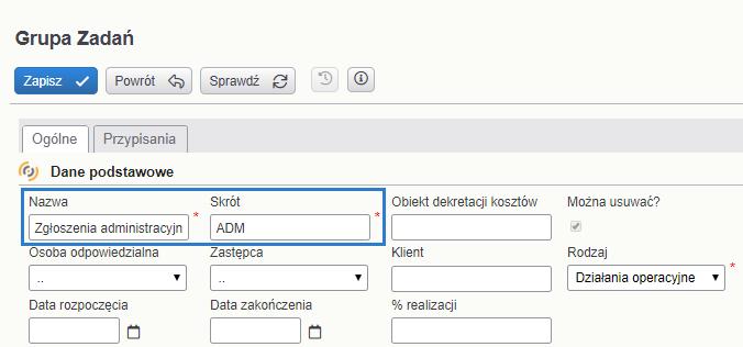 Grupy zadań dodajemy w menu: Aktywności->Grupy zadań. Dla nowej grupy wystarczy wypełnić tylko nazwę i skrót. Wszystkie pozostałe pola są opcjonalne, z punktu widzenia serwisu.