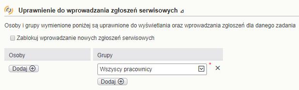 W sekcji: Uprawnienie do wprowadzania zgłoszeń określamy grupy lub pojedyncze osoby, które mogą tworzyć nowe zgłoszenia w ramach danego zadania.