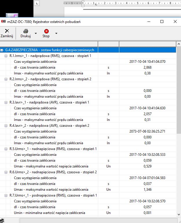 Przykładowe zapisy rejestratora parametrów ostatniego zakłócenia przedstawiono poniżej dostępne w SMiS, Rejestrator/Ostatnie pobudzenie. UWAGI: 1.