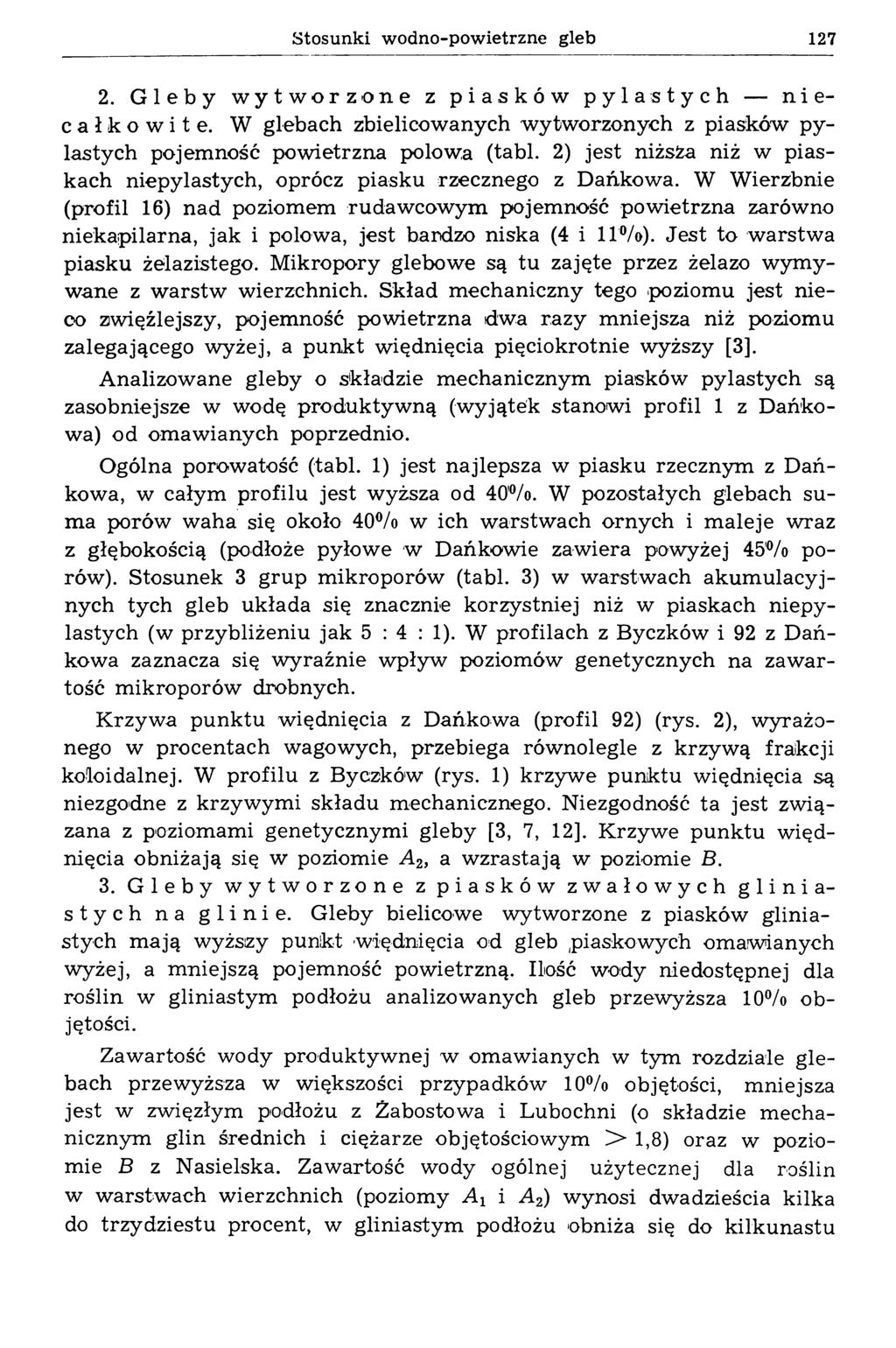 Stosunki wodno-powietrzne gleb 127 2. Gleby wytworzone z piasków pylastych niecałkowite. W glebach zbielicowanych wytworzonych z piasków pylastych pojemność powietrzna połowa (tabl.