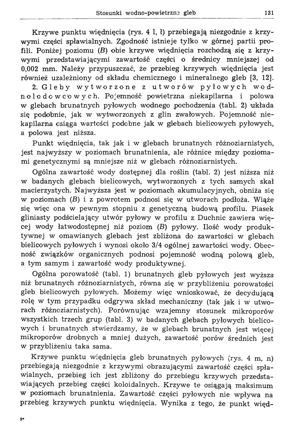Stosunki wodno-powietrzn 2 gleb 131 Krzywe punktu więdnięcia (rys. 4 1, ł) przebiegają niezgodnie z krzywym i części spławialnych. Zgodność istnieje tylko w górnej partii profili.
