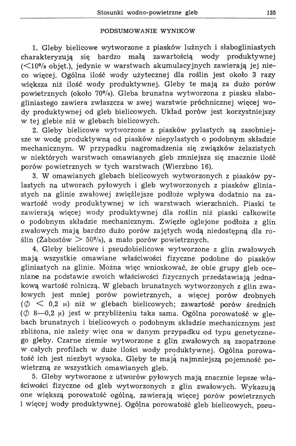 Stosunki wodno-powietrzne gleb 135 PODSUMOWANIE WYNIKÓW 1. Gleby bielicowe wytworzone z piasków luźnych i słabogliniastych charakteryzują się bardzo małą zawartością wody produktywnej ( < 10% objęt.