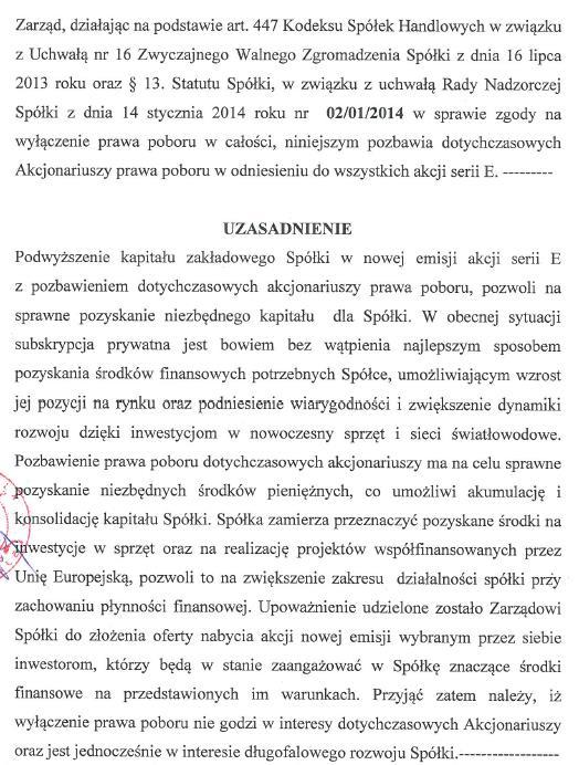 Treść uchwały nr 02/01/2014 Zarządu spółki Przedsiębiorstwo
