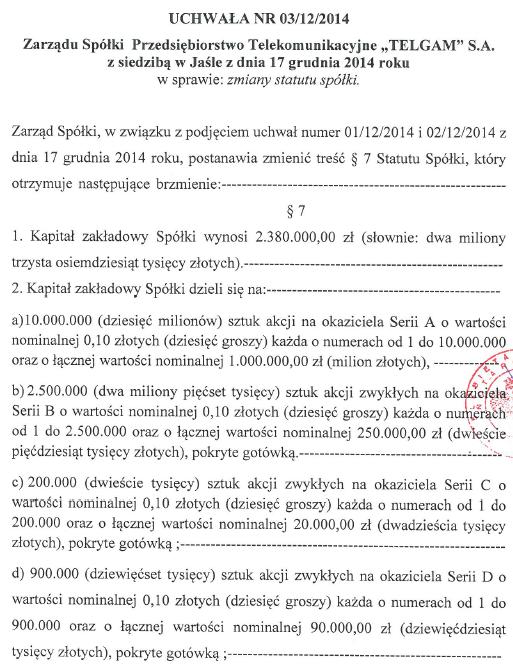 Treść uchwały nr 03/12/2014 Zarządu