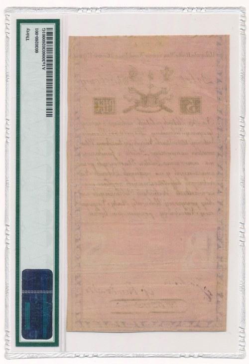 Cena wywoławcza: 400 zł 5 złotych 1794 N.C.1 - PMG 30 Przyzwoity, naturalny banknot.