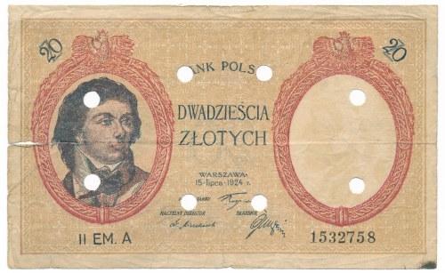 127. 20 złotych 1924 II EM A Fałszerstwo b.dobre i rzadkie Bardzo dobre fałszerstwo 20 złotówki z 1924 roku. Perforacja.