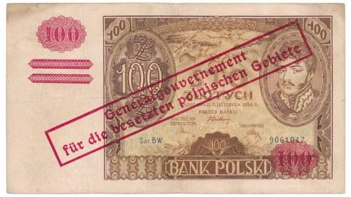 140. 100 złotych 1934(9) przedruk okupacyjny - oryginalny Egzemplarz z obiegu. Rzadka odmiana 90a. W zasadzie na rynku spotykane są przedruki odmiany 90c, wszystkie pozostałe są znacznie rzadsze.