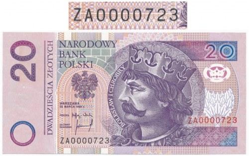 198. 20 złotych 1994 ZA 0000723 - b.niski numer seria zastępcza. Seria zastępcza ZA.