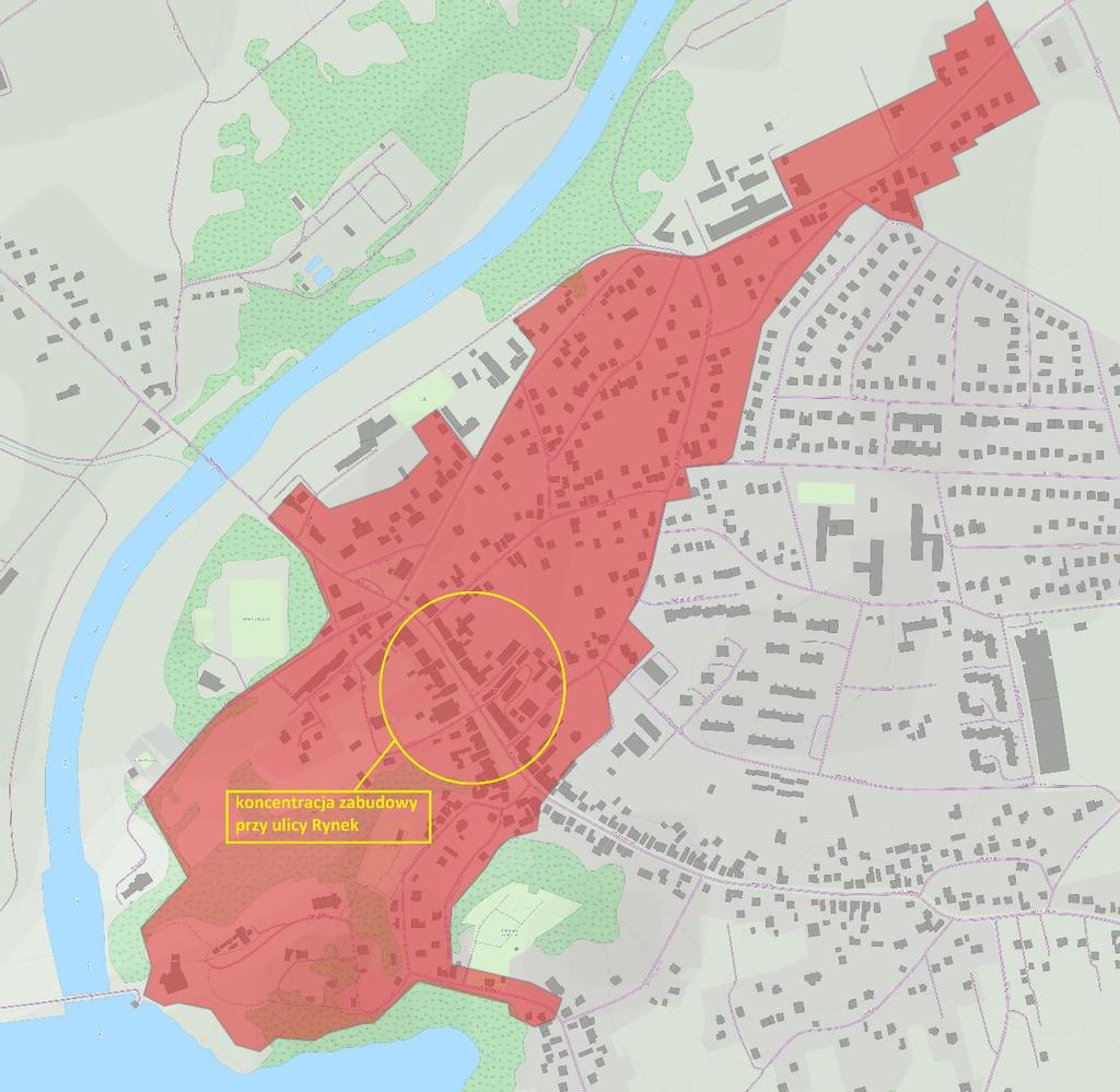 Najbardziej skoncentrowana zabudowa położona jest wzdłuż ulicy Rynek.