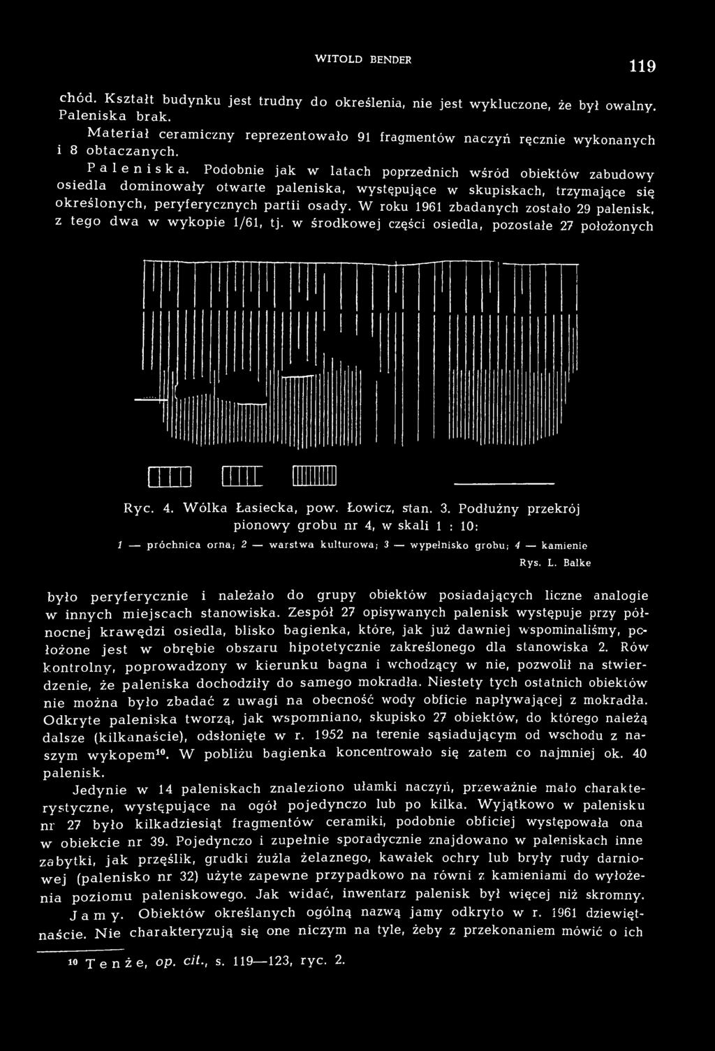 W roku 1961 zbadanych zostało 29 palenisk, z tego dwa w wykopie 1/61, tj. w środkowej części osiedla, pozostałe 27 położonych Ryc. 4. Wólka Łasiecka, pow. Łowicz, stan. 3.