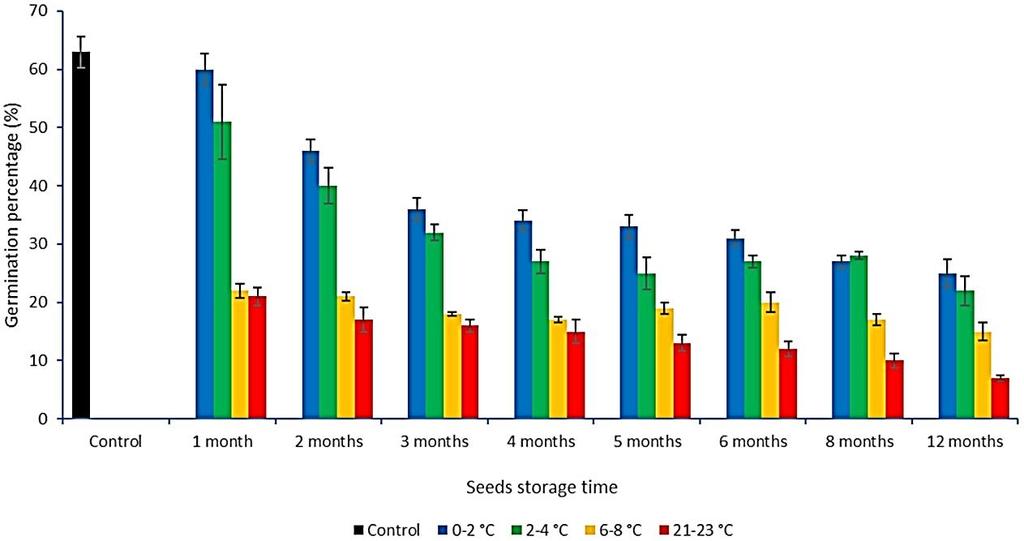 A clear decrease in the values of the germination percentage parameter was observed for seeds after subsequent months of storage at 0 2 C and 2 4 C from 60% and 51% of germinating seeds after 1 month