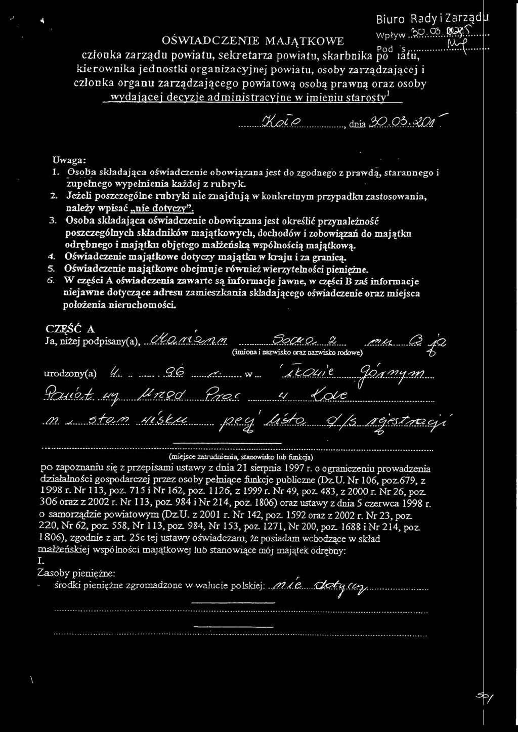 _(p, dnia 2t2 Q9...W(/;p Uwaga: ~ 1.!=>sob.askładająca oświadczenie obowiązana jest do zgodnego z pawdą, staannego i zupełnego wypełnienia każdej z ubyk. 2. Jeżeli poszczególne ubyki nie znajdują w konketnym pzypadku zastosowania, należy wpisać "nie dotyczy".