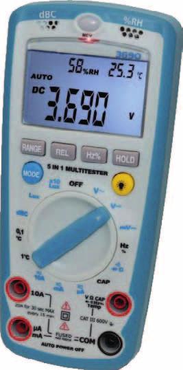 Wielofunkcyjny przyrząd "5w1" Cyfrowy przyrząd łączący w sobie funkcje multimetra (DCV, ACV, DCA, ACA, Ohm) i przyrządu do pomiarów poziomu dźwięku, oświetlenia, wilgotności oraz temperatury.