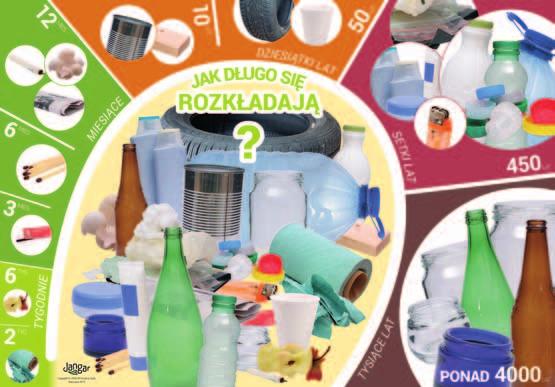 Aby puzzle nie tylko bawiły, ale też uczyły, na spodniej stronie podkładki widoczna jest kolorowa tabela podzielona poziomo na cztery części (papier, plastik,