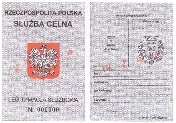 WZÓR LEGITYMACJI SŁUŻBOWEJ FUNKCJONARIUSZA CELNEGO Wzór nr 4 do 33 Legitymacja o wymiarach 70 mm x100 mm, dwustronnie laminowana folią plastikową Awers: - legitymacja pokryta giloszem koloru