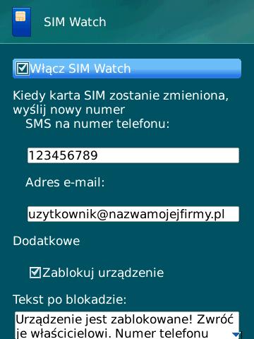 Rysunek 13: Ustawienia funkcji SIM Watch 4. Wybierz Menu Zapisz, aby zapisać zmiany.