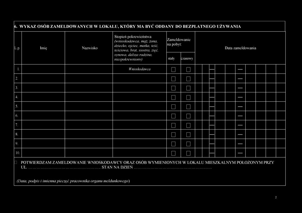 rodzina, niespokrewnionv) Zameldowanie na pobyt: stały czasowy Data zameldowania 2. 1. Wnioskodawca 3. 4. 5. 6. 7. 8. 9. 10.