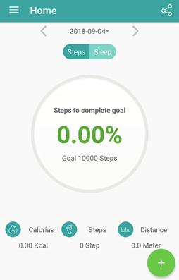 FR 38/65 MOBILE APP - MAIN MENU L'écran principal de l'application mobile affiche les statistiques de fitness importées de Fit Watch : calories brûlées, nombre de pas effectués, distance parcourue.