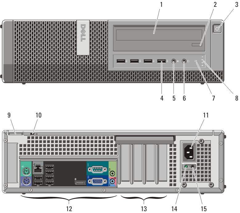 14. gniazda kart rozszerzeń (4) 16. ucho kłódki 15. gniazdo linki zabezpieczającej widok z przodu i z tyłu Rysunek 2. Widok z przodu i z tyłu: obudowa typu desktop 1. napęd dysków optycznych 2.