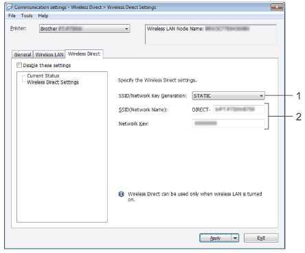 Wireless Direct Settings 1. SSID/Network Key Generation Dostępne opcje: AUTO lub STATIC. 2.
