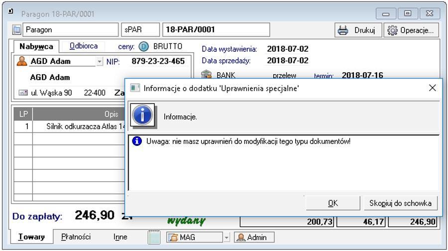 Uruchomienie dodatku Dodatek uruchamia si automatycznie przy próbie edycji dokumentu sprzeda y lub dokumentu p atno ci (warunkiem jest w czenie procedur -> patrz konfiguracja).