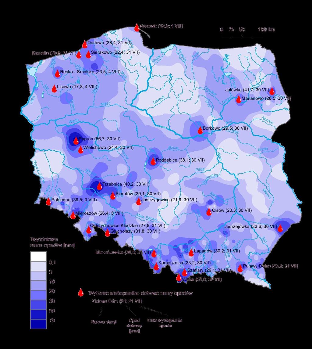 3. Rozkład tygodniowej sumy opadów oraz wybrane maksymalne