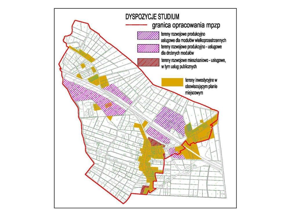 Główne ustalenia studium dla obszaru opracowania: Tereny osiedleńcze są to tereny, na których projekt planu powinien dopuścić budowę budynków i zainwestowanie.