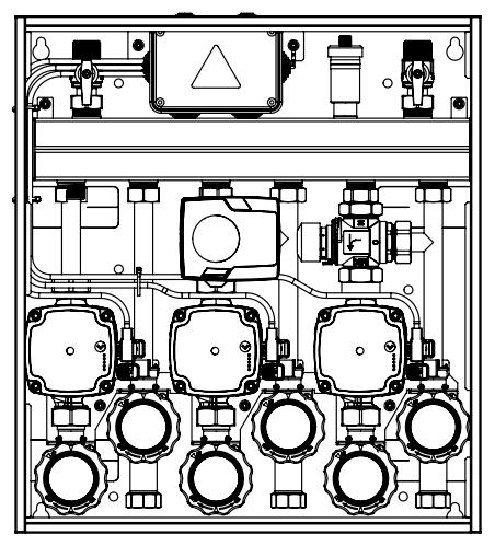 3.1 Budowa 12 11 15 9 10 8 13 7 6 14 3 4 5 2 2 2 1 1 1 16 1 1 1 1- Zawór odcinający z termometrem 2- pompa Grundfos UPM3 AUTO 15-70 130mm 3- przewód powrotny strefy 1 4- przewód powrotny strefy 2 5-