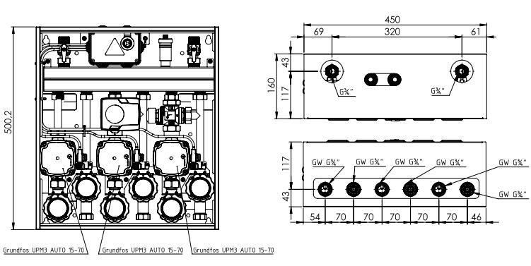 3.2 Wymiary Rysunek 2: Wymiary zestawu mieszającego AZB W wersji dwuobiegowej wyposażonej w dwa termostatyczne zawory mieszające ATM (Art.