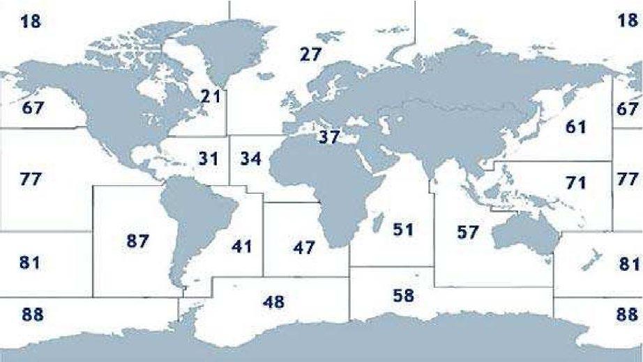 Zadanie: 187 Na mapie przedstawiono podział oceanów na łowiska według FAO. Numerami oznaczono strefy połowów. Poniżej wymieniono państwa o największym udziale w połowach światowych w 2009 r. 1. Chiny 16,9 % 2.