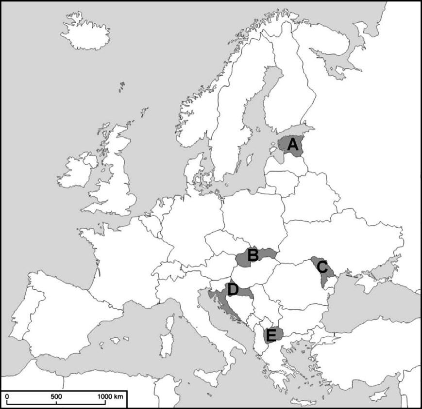 Zadanie: 188 Na mapie politycznej Europy oznaczono literami wybrane państwa, które powstały z rozpadu państw federacyjnych w ostatniej dekadzie XXw.
