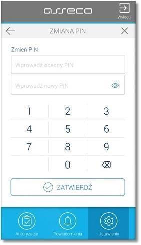 Opcja umożliwia użytkownikowi zmianę obecnego kodu PIN do aplikacji mtoken Asseco MAA na inny.