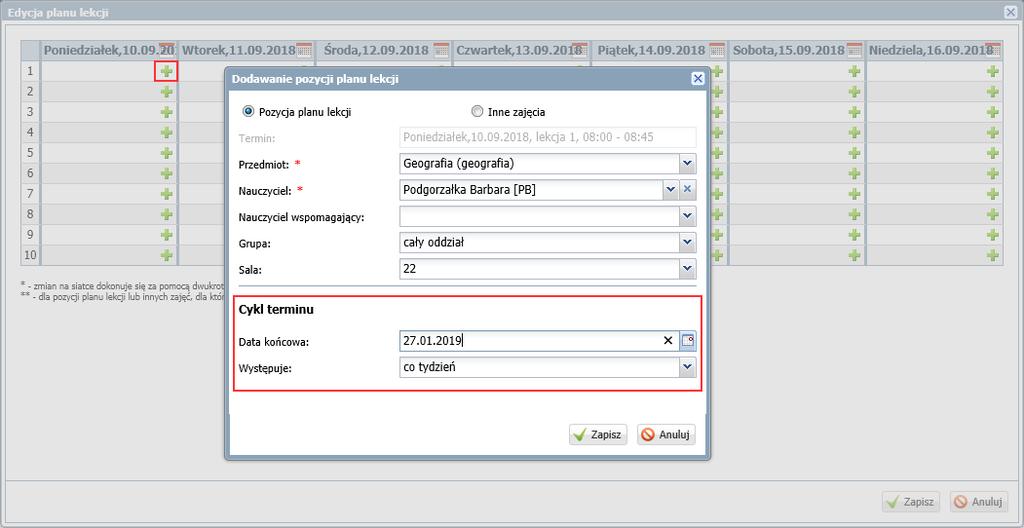 W polach Przedmiot oraz Nauczyciel możesz wprowadzić tylko pozycje, które zostały dodane do dziennika, na stronie Przedmioty i nauczyciele.