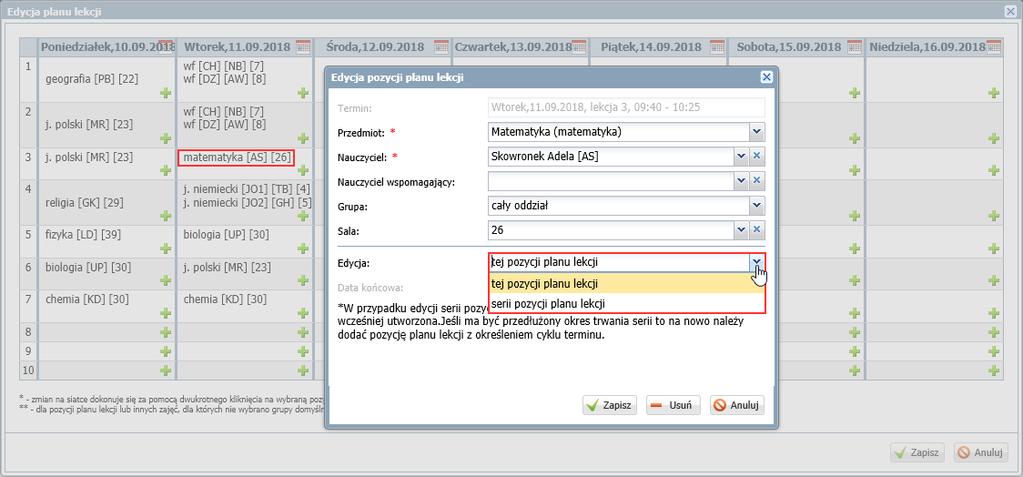 dwukrotnie wyświetli się okno Edycja pozycji planu lekcji, w którym