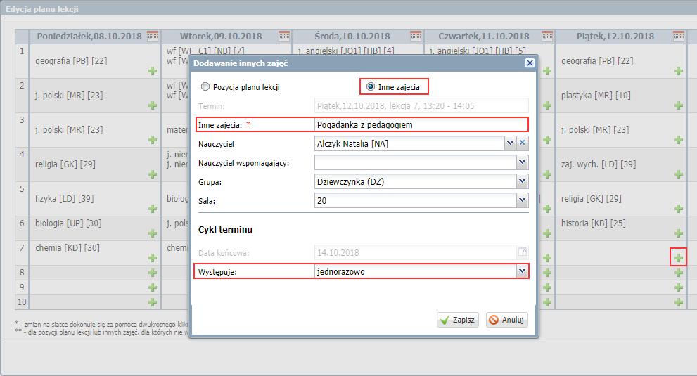 W oknie Edycja planu lekcji zmodyfikuj plan. Aby dodać do planu oddziału zajęcia niezwiązane z żadnym przedmiotem: W terminie odbywania lekcji kliknij ikonę.